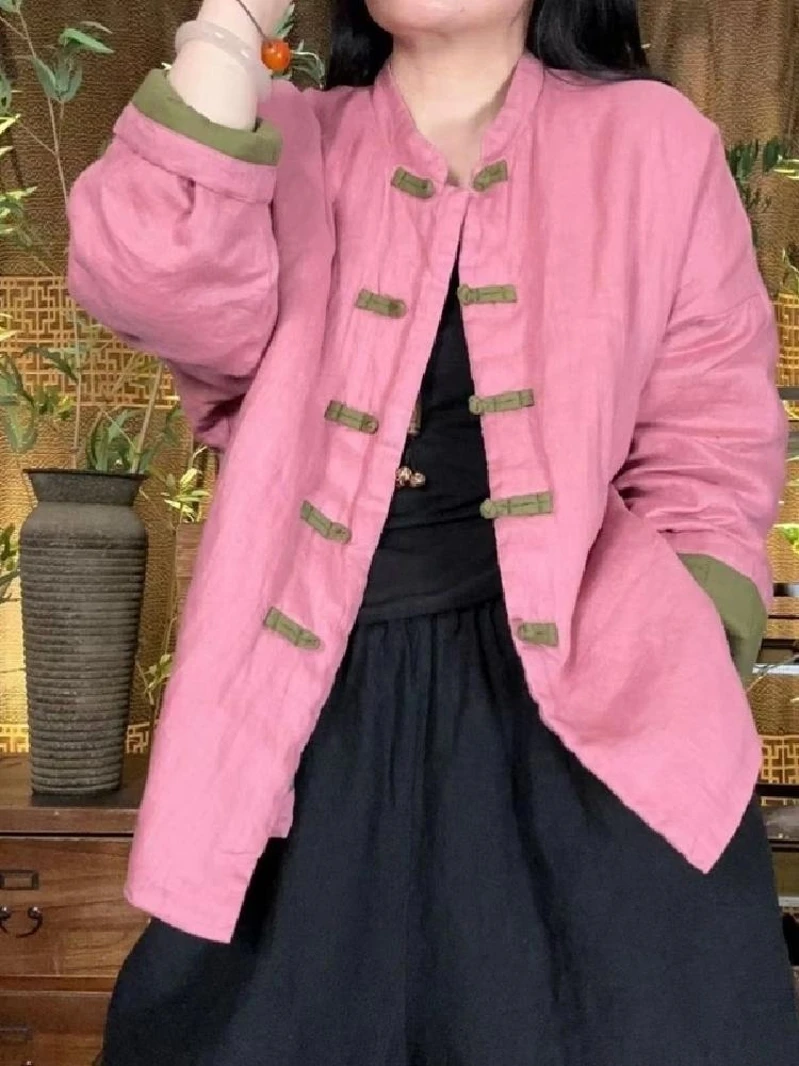 Plus Size 2024 Winter New Retro Stone Washed Linen Cardigan Contrast Color Buckle Clip Thin Cotton Cotton-padded jacket C...