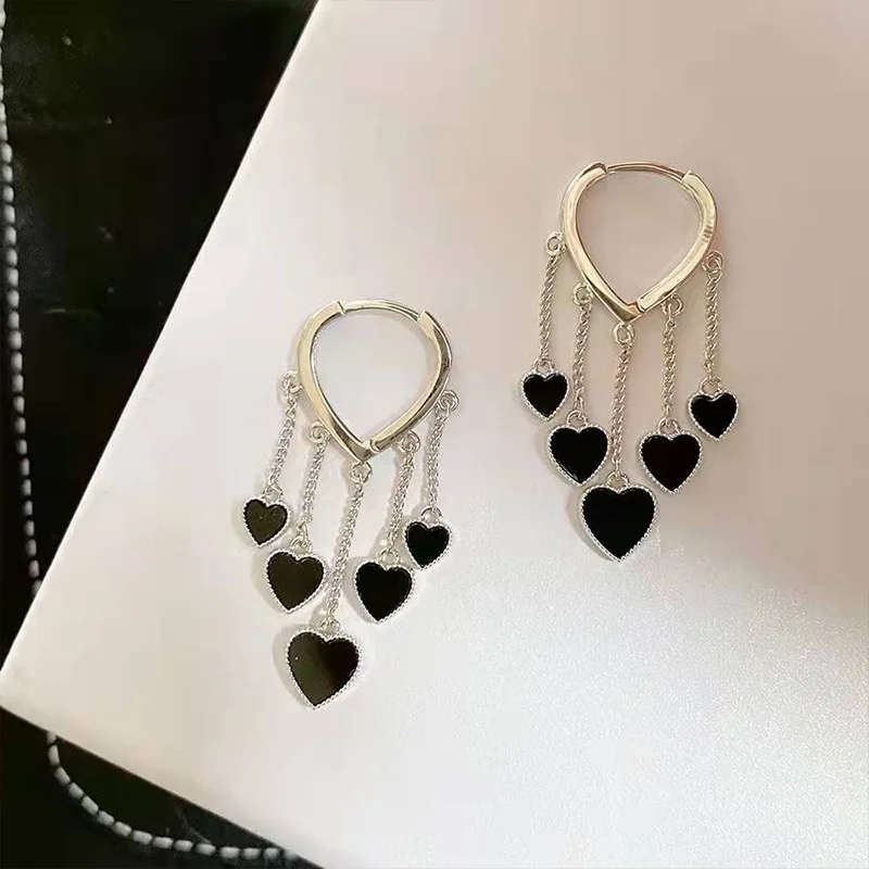 

2022 Punk Metal Silver Color Black Heart Tassel Dangle Earrings Vintage Jewelry