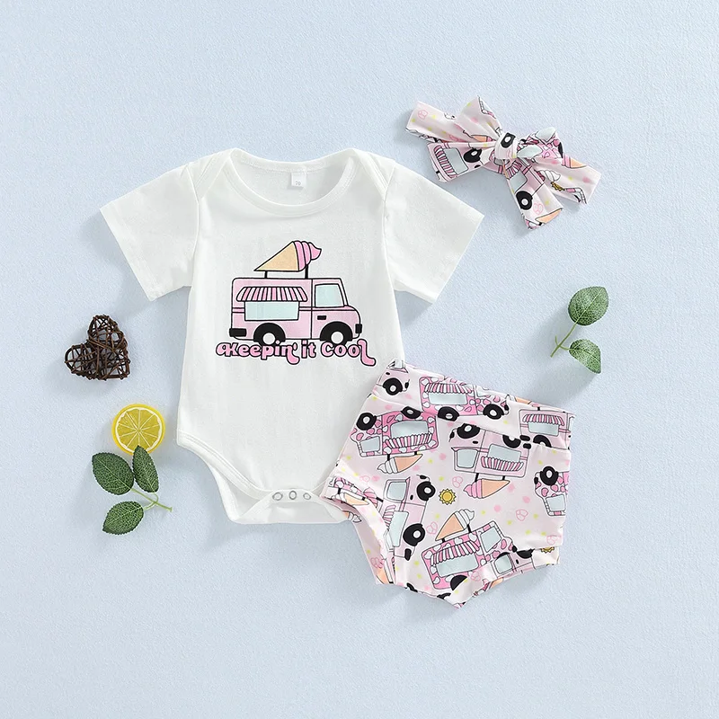 

3Pcs Baby Girl\u2019s Clothes Set Cartoon Ice Cream Car Print Short Sleeve Romper and Shorts & Headband