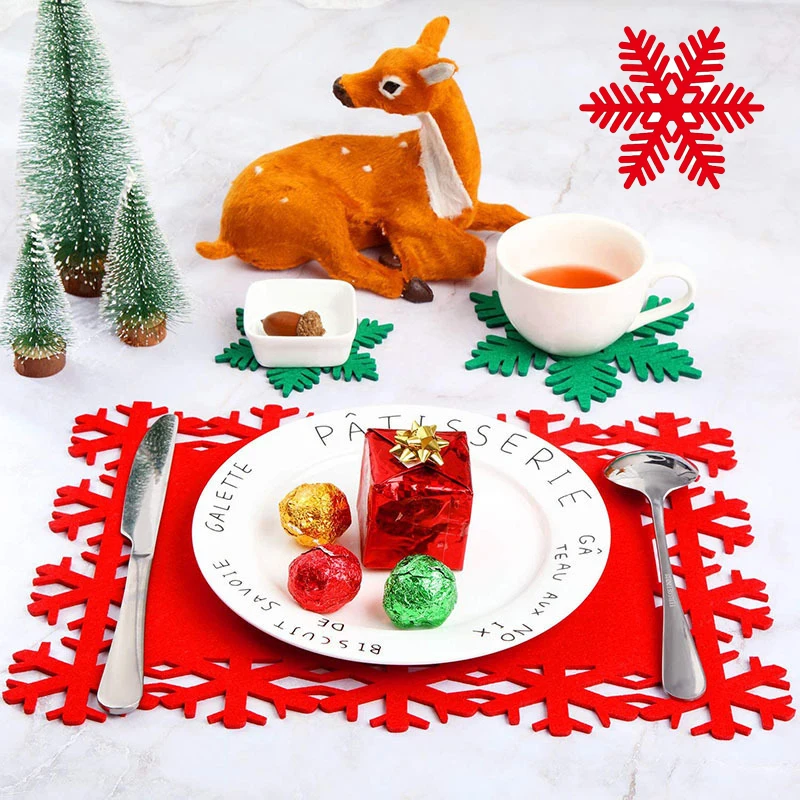 

Christmas Placemats Snowflake Shaped Felt Cup Mat Anti-Skid Table Placemat Kitchen Food Bowl Mat Cushion for Home Table