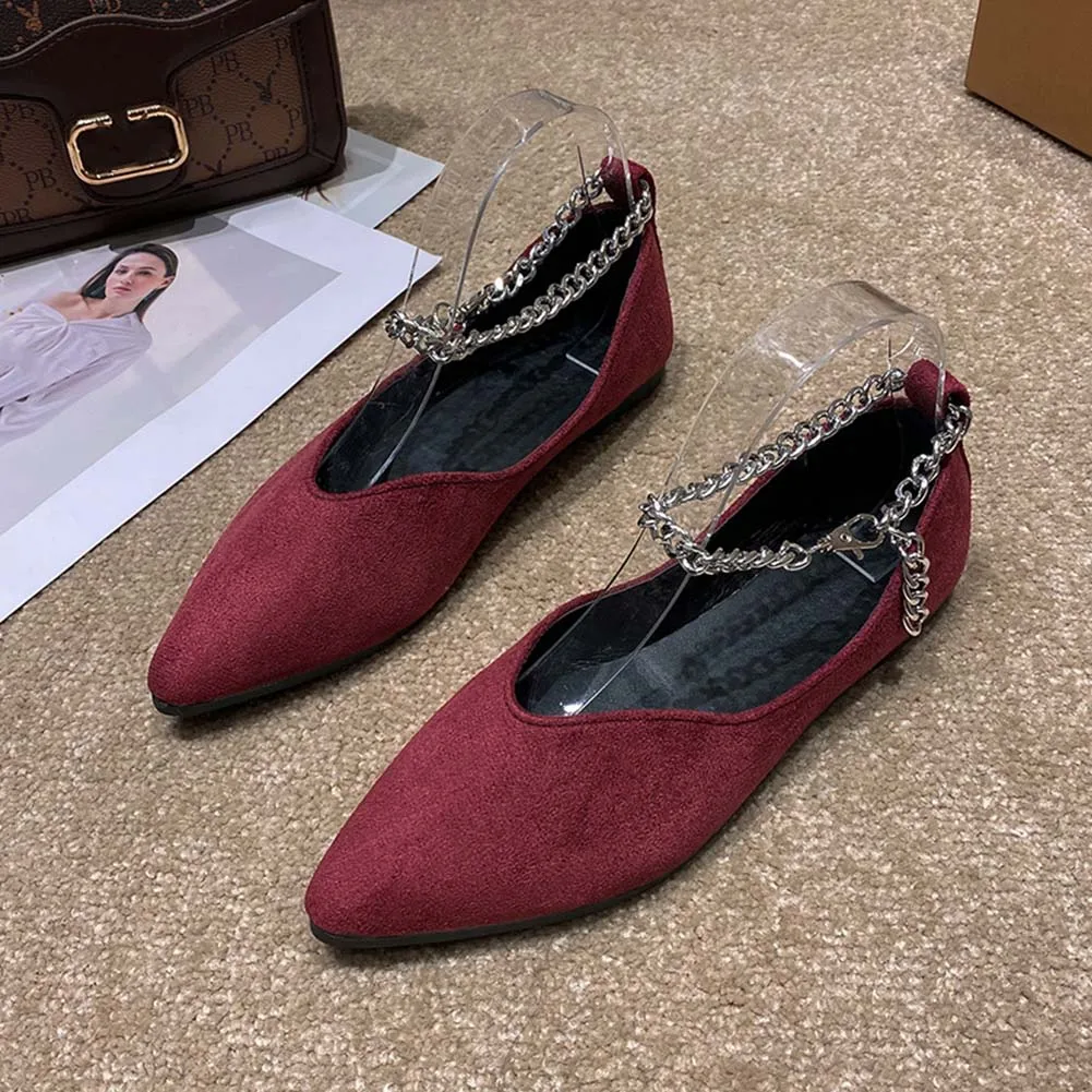 2023 New Black/Burgundy/Leopards Pointed Shoes With Chain Comfortable Breathable Shoes For Daily Wear Suede Flats Flat Shoes
