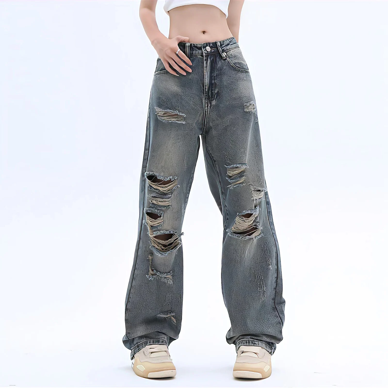 Ladies Ripped Jeans  Loose Wide Leg Pants Y2k New Washed Straight Pants Korean Retro Street Style Denim Trousers Womens Jeans