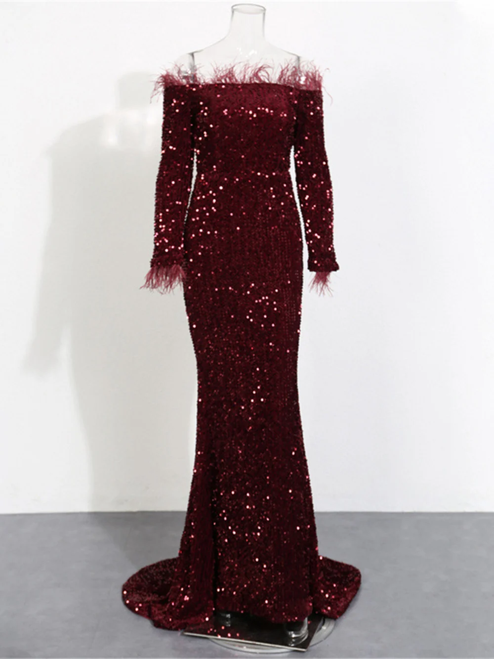 Burgundy Mermaid Evening Dress Glitter Sleeves Prom Dress Long Off The Shoulder Party Dress Night Dress Wedding Party Dress