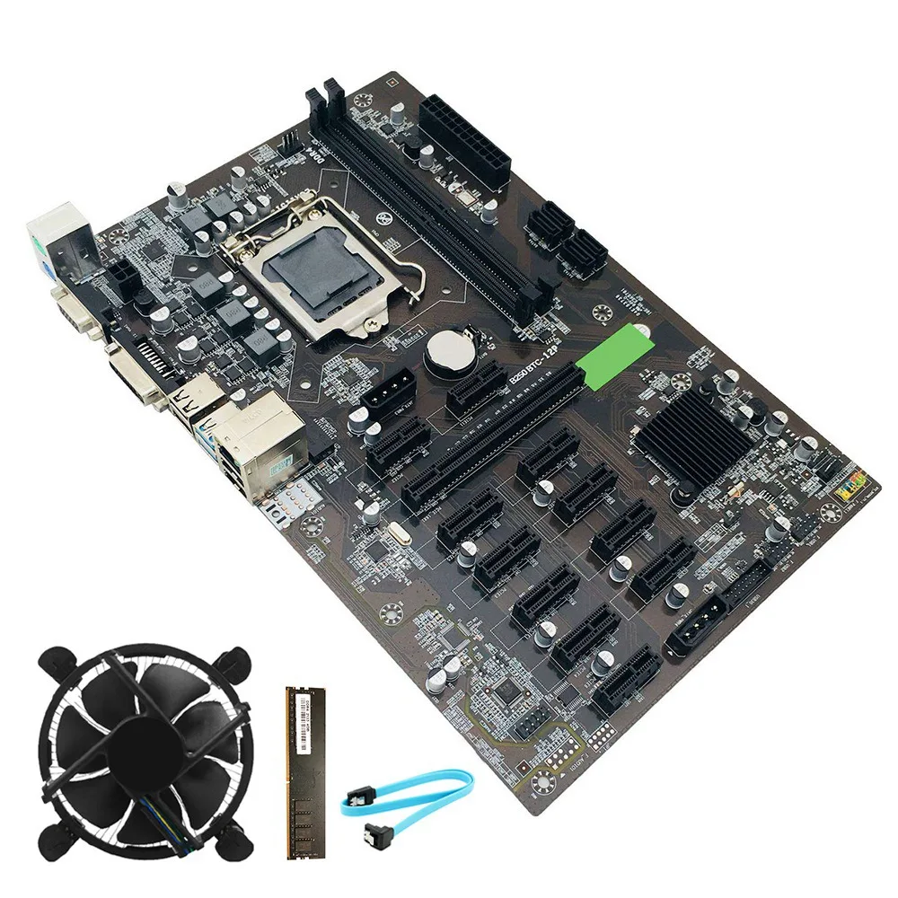 

B250 BTC Mining Motherboard 1151 SATA 3.0 USB 3.0 with DDR4 4GB 2133MHZ RAM+Cooling Fan+SATA Cable Bitcoin Motherboard