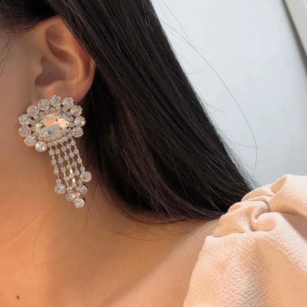 

Luxury Rhinestone Big Oval Gemstone Tassel Drop Earrings Wedding Jewelry for Women Shiny Crystal Flower Hanging Dangle Earrings