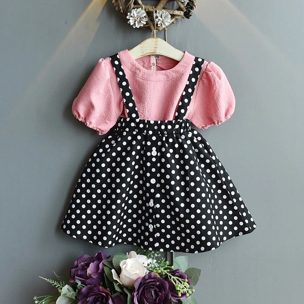 

Модный комплект одежды в горошек для маленьких девочек, лето 2022, Однотонная футболка с коротким рукавом, комплект из двух предметов для дево...