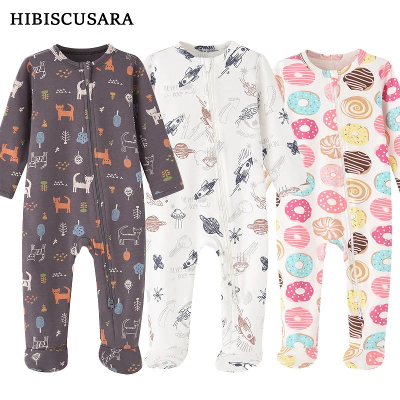 Newborn Baby Cotton Rompers Boys Girls Full Sleeve Pajamas Autumn Spring Infant Cartoon Jumpsuit Foot-wrapped Pjms