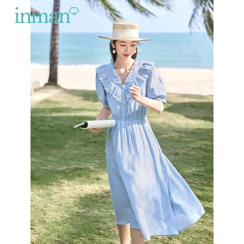 INMAN Women Dress 2023 Summer Puff Sleeve Hollow Lace Ruffled V-neck Elastic Waist A-shape French Artistic Romantic Long Skirt