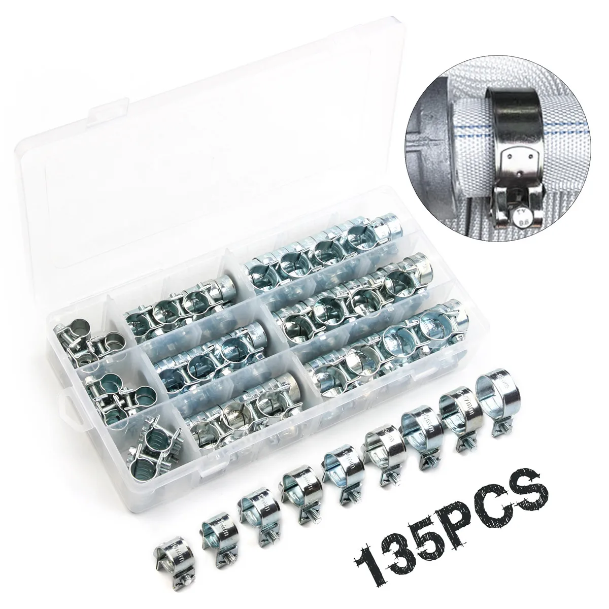 

135Pcs 8-18mm Hose Clamps Double Ears Clamp Worm Drive Fuel Water Hose Pipe Clamps Clips Hose Fuel Clamps Kit