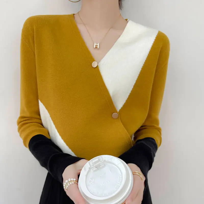 

Color blocking women pullover sweater Spring and autumn new bottoming knitwear long sleeve v neck casual pullover sweater female
