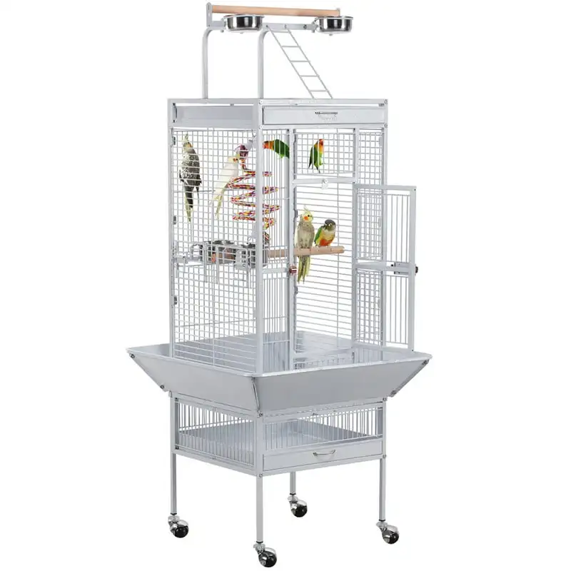 

61.5" Rolling Metal Bird Cage with Play Top, White Large and Comfortable
