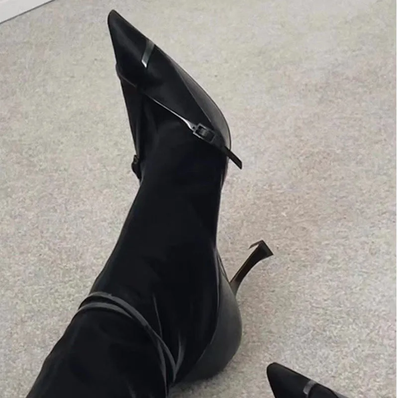 Black Pointed Toe Patchwork Boots Women's New Stretch Patent Leather Mid-Cut Stiletto High Heel Booties