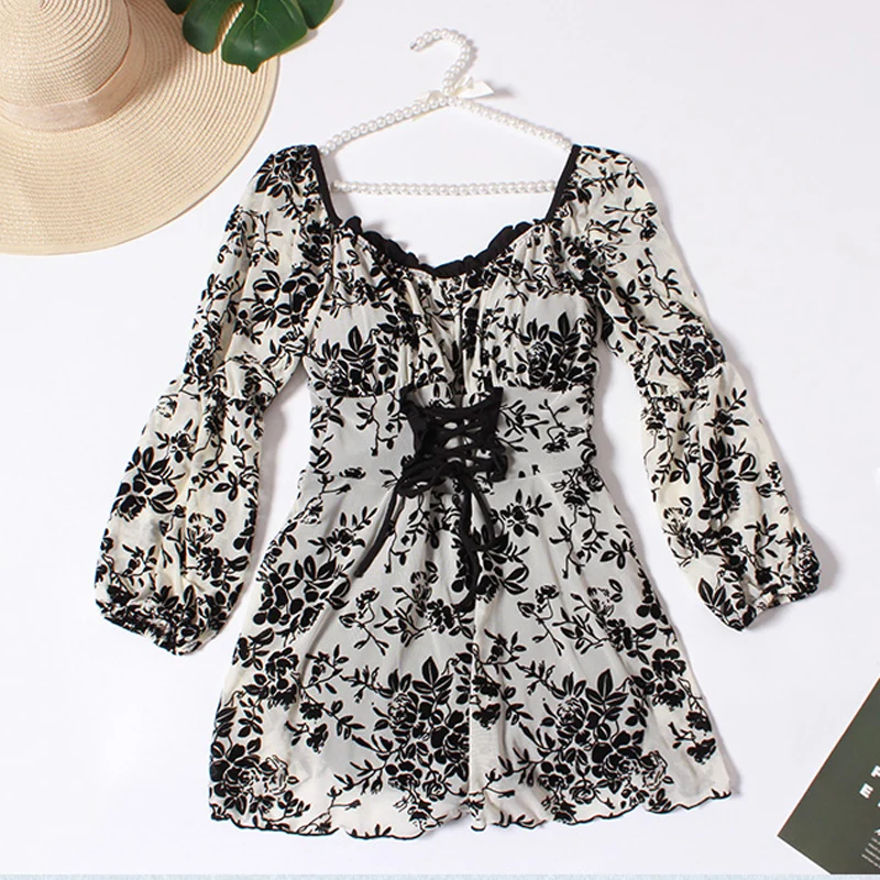 2023 One Piece Swimwear Korean Swimsuit Women Vintage Flower Print Vintage Bodysuit Bathing Suit Hot Spring Wear Beachwear