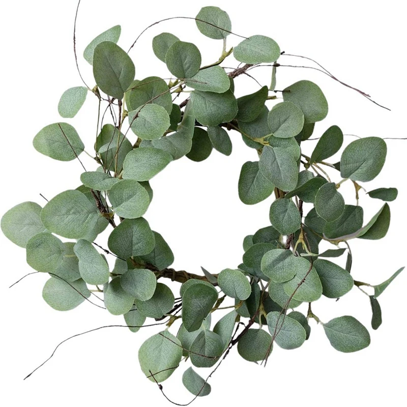 

Idyllic Eucalyptus Leaves Wreath Metal Polyester Fabric Paper Round Green Wreath 14 Inches For The Front Door Decor