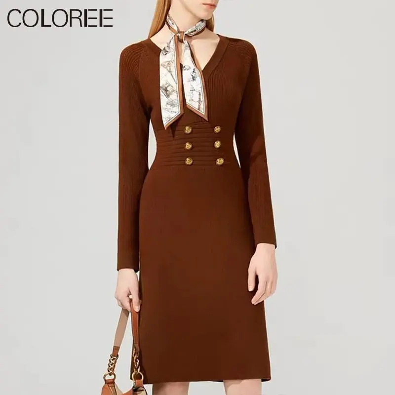 

Женское трикотажное платье-свитер средней длины, черное повседневное Элегантное трикотажное платье-свитер с длинным рукавом, Осень-зима 2023