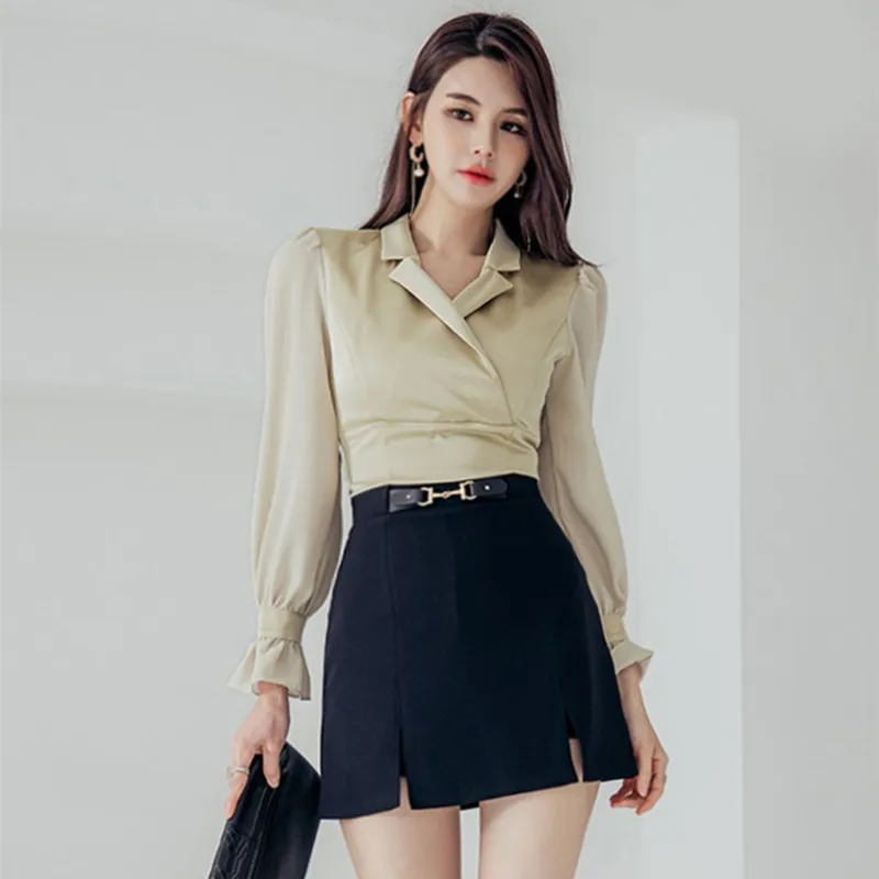 

New Fashion 2 Pieces Set Women Spring Chiffon Shirts Blouses And High Waist Split Pencil Skirts Korean Chic Office Lady Suit