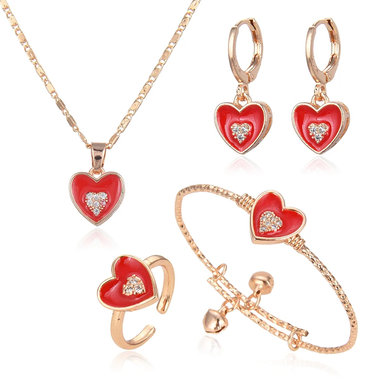 DM Design 2022 Summer Crystal Burgundy Heart Earrings Bracelet Ring Necklace Girls Set Party Holiday Gifts