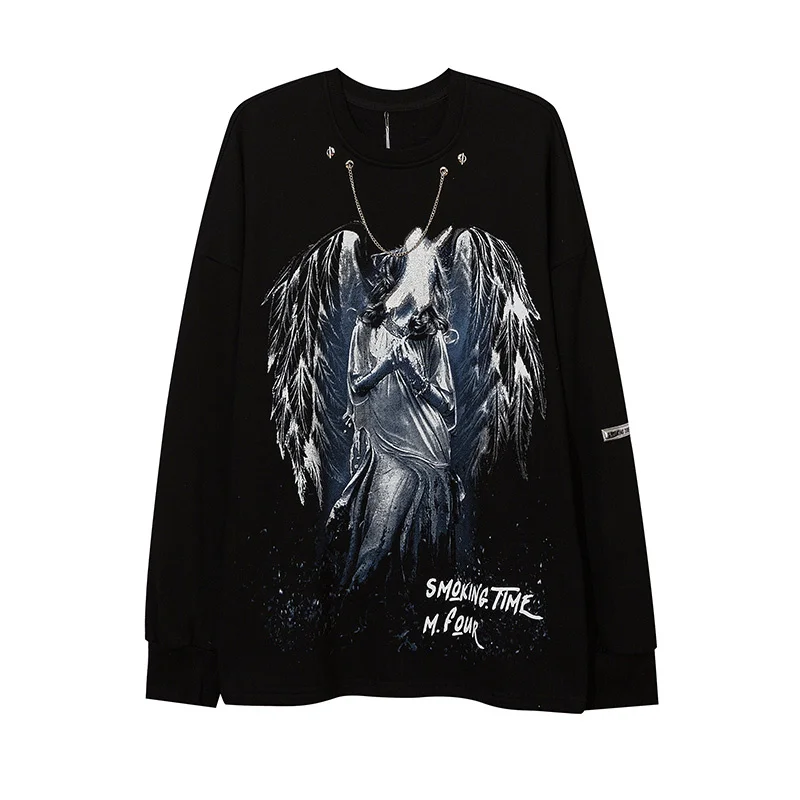 

Men's Gothic Long-sleeve T-shirt Angel Printed T Shirt 2022 Autumn Personality Streetwear Style Tshirt Casual Loose Top New