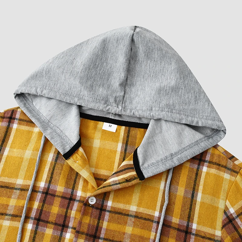 Parklees 2023 New Yellow Checked Hooded Shirt Men Fashion Casual Cotton Button Down Shirts Long Sleeve Plaid Tops Sweatshirts