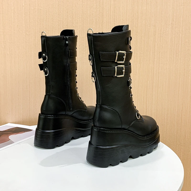 2023 New Fashion Platform Wedges Motorcycle Boots For Women Bucklel Strap Knee High Boots Popular Shoes Woman Goth Gothic 43