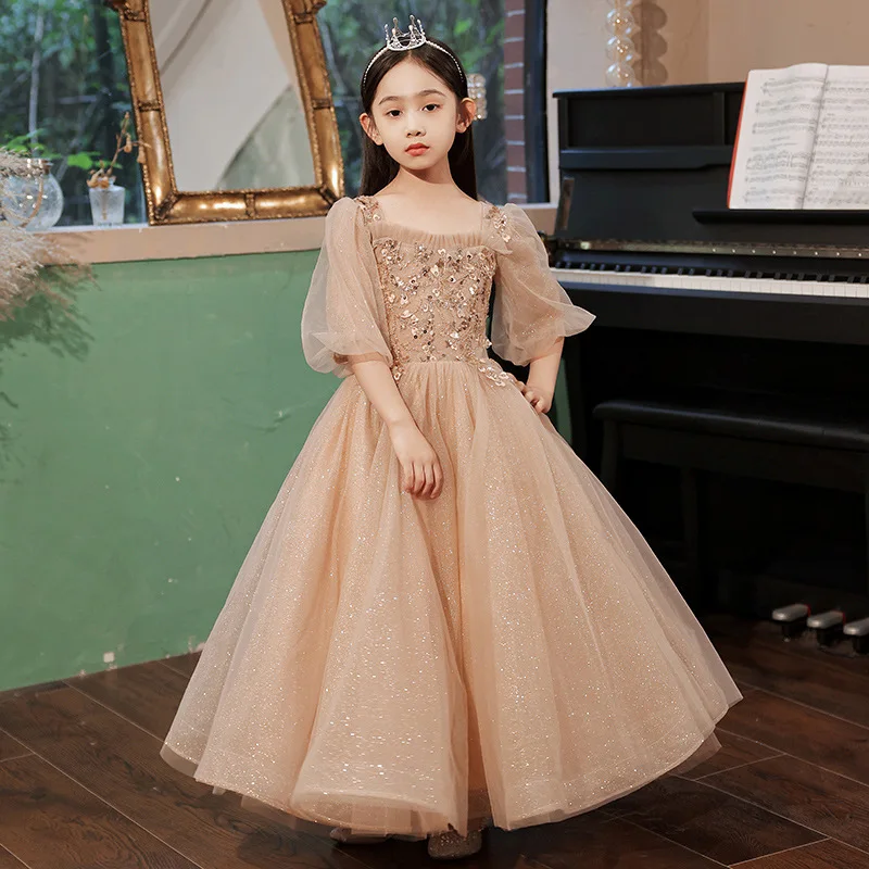 

Vintage Long Ball Gowns for Kids Girl Teens Puff Sleeves Sequined Maxi Dress Children Elegant Robe Infant Pageant Party Clothing
