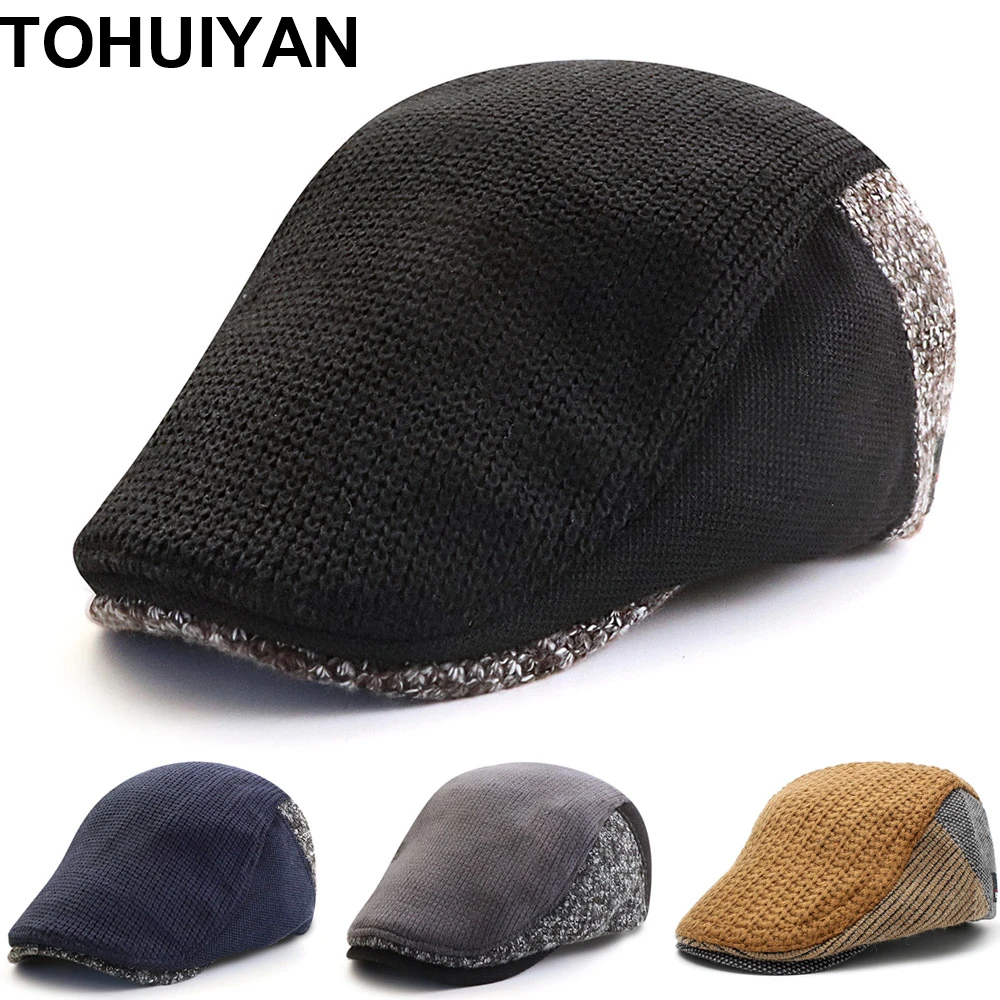 

TOHUIYAN Knitted Wool Newsboy Caps for Men Retro Gatsby Hat Winter Warm Hats Male Bone Boina Golf Hats Duckbill Visor Ivy Caps
