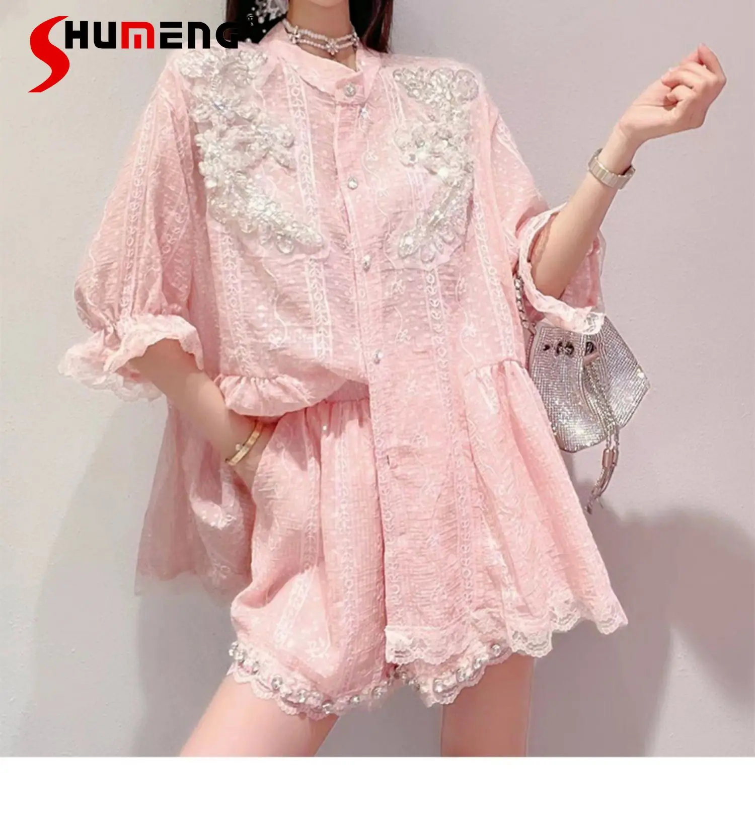 

Fashion Fairy Two-piece Suit Women's 2022 Summer New Korean Style Sweet Beads Lace Shirt Ladies Elegant Solid Wide Leg Shorts