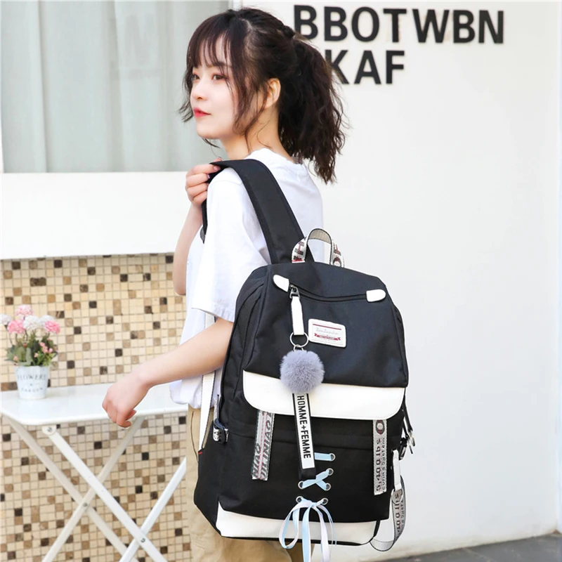 Canvas Usb Chargeable School Bags For Girls Teenagers Backpack Bookbags Black Large Capacity Middle High College Teen Schoolbag