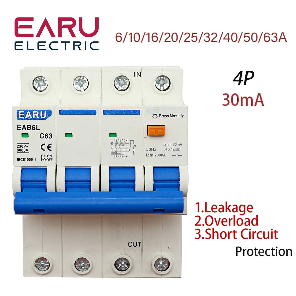 

Защита от утечки AC230V MCB, RCBO защита от перегрузки и короткого замыкания, 4P, 30 мА, выключатель остаточного тока, RCCB RCD