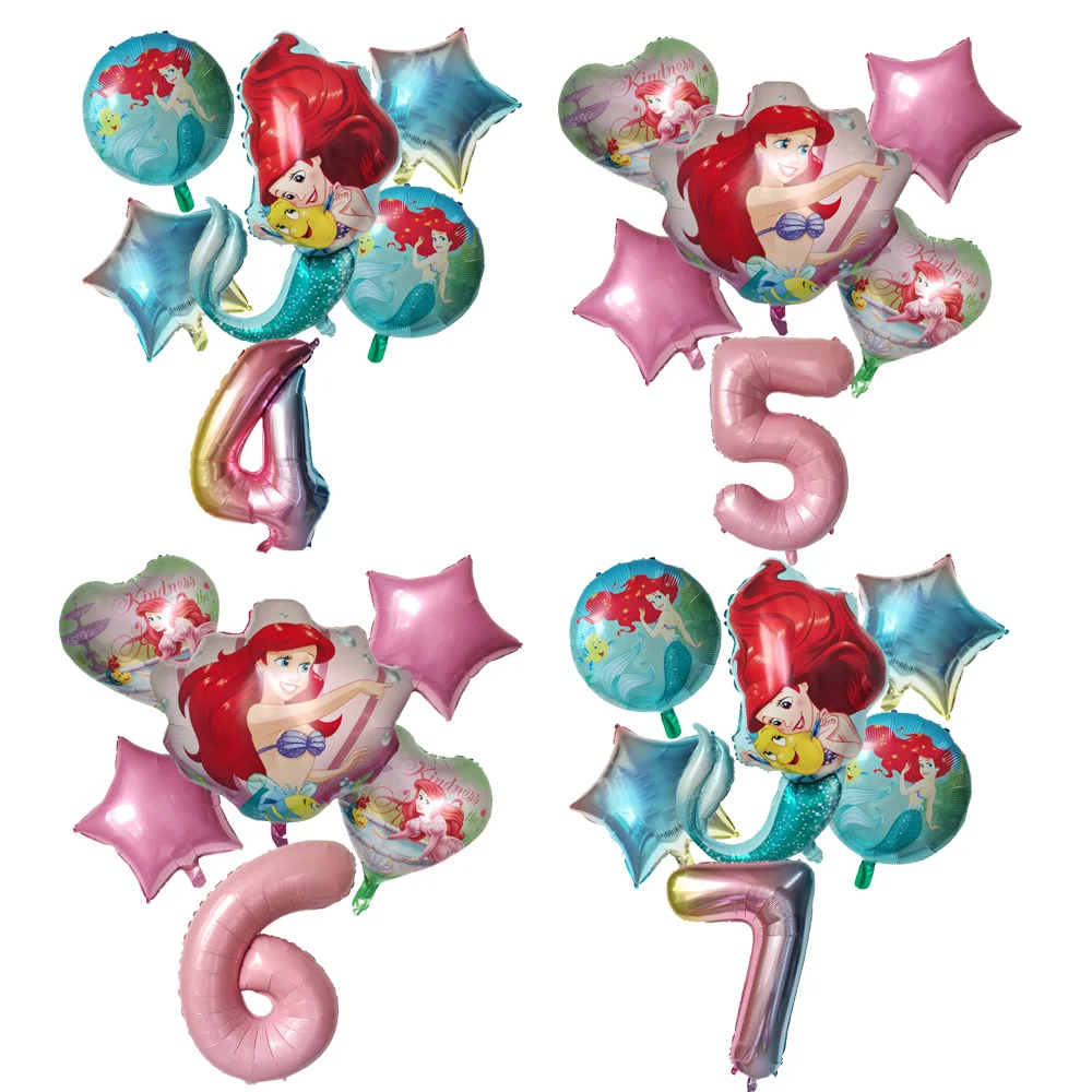 

Mermaid Ariel Princess Girl Birthday Party Balloon Decoration 6pcs DIY Number Balloons For Kild Baby Shower Party Supplies Toys