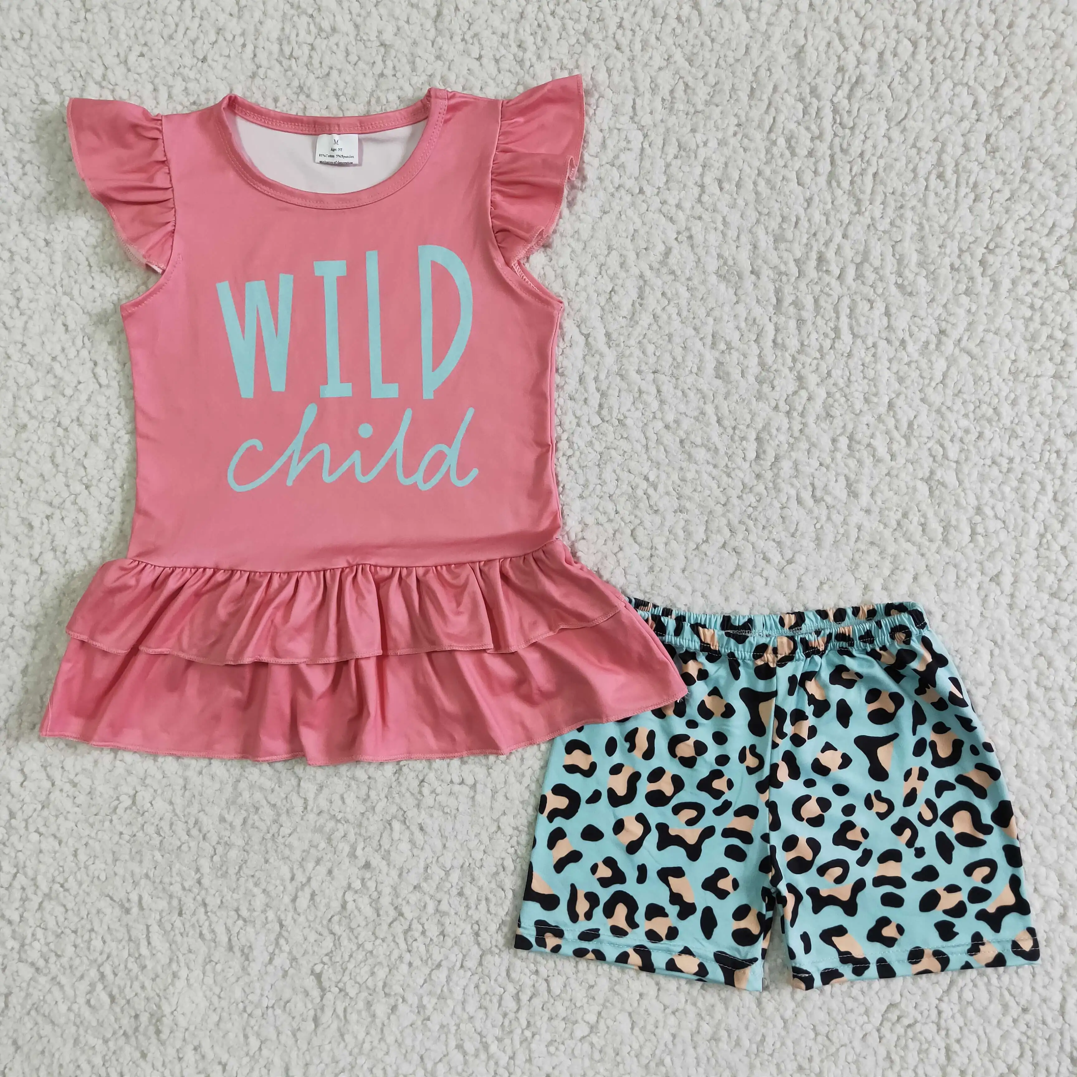 

Wild child monogram short sleeve tee for baby girl leggings blue leopard shorts layered top 2 piece set