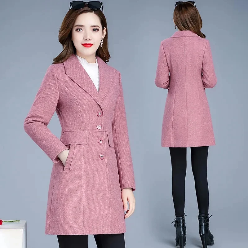 

Middle Aged Mother Woolen Jacket Women's New Slim Mid Length Coat Autumn Winter 2023 Solid Casual Female Single Breasted Outwear