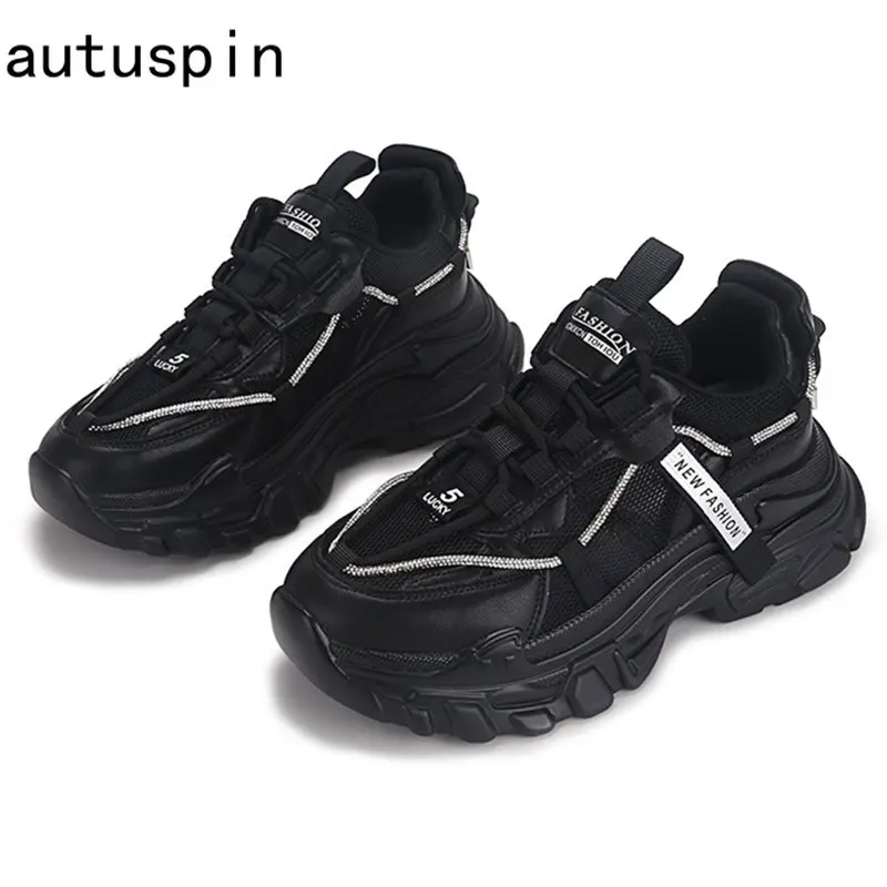 Autuspin Crystal Chains Women Sneakers Spring Summer Office Ladies Breathable Genuine Leather Splicing Mesh Comfortable Shoes