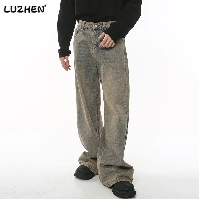 

LUZHEN Men Baggy Jeans Harbor Style Worn Out Loose Wide Leg Denim Pants Chic Distressed Streetwear Vintage Male Trousers 6e0d66