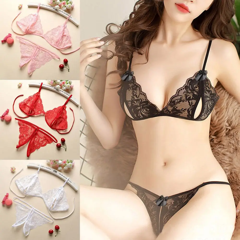 

Bra Set Floral Embroidery See Through Panty Lace Lingerie Open Cup Women Bra