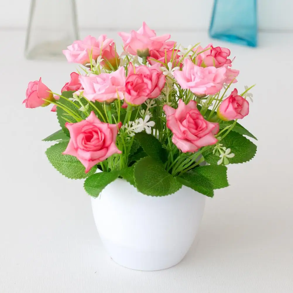 

Imitation Potted Flower Rose Hotel Decoration Plastic Bookshelf Table Artificial Flower Pot for Office