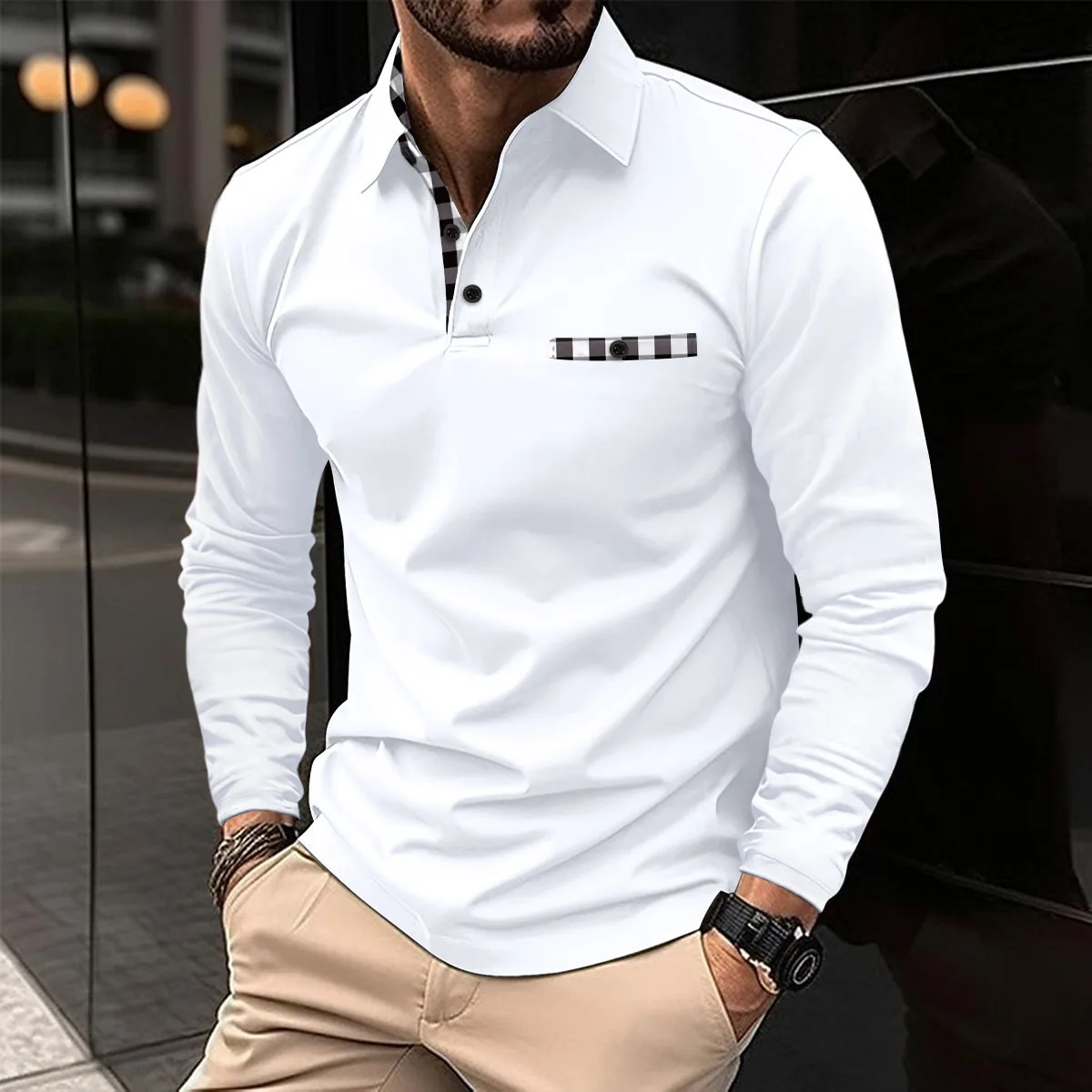 

2023 autumn long-sleeved men's T-shirt business casual POLO shirt classic solid color lapel Men's top selling Europe and the Uni