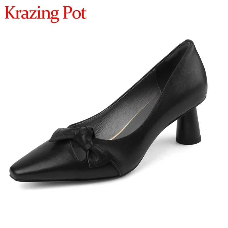 

Krazing pot big size 41 natural leather small square toe high heels retro fashion young lady streetwear shallow women pumps L37