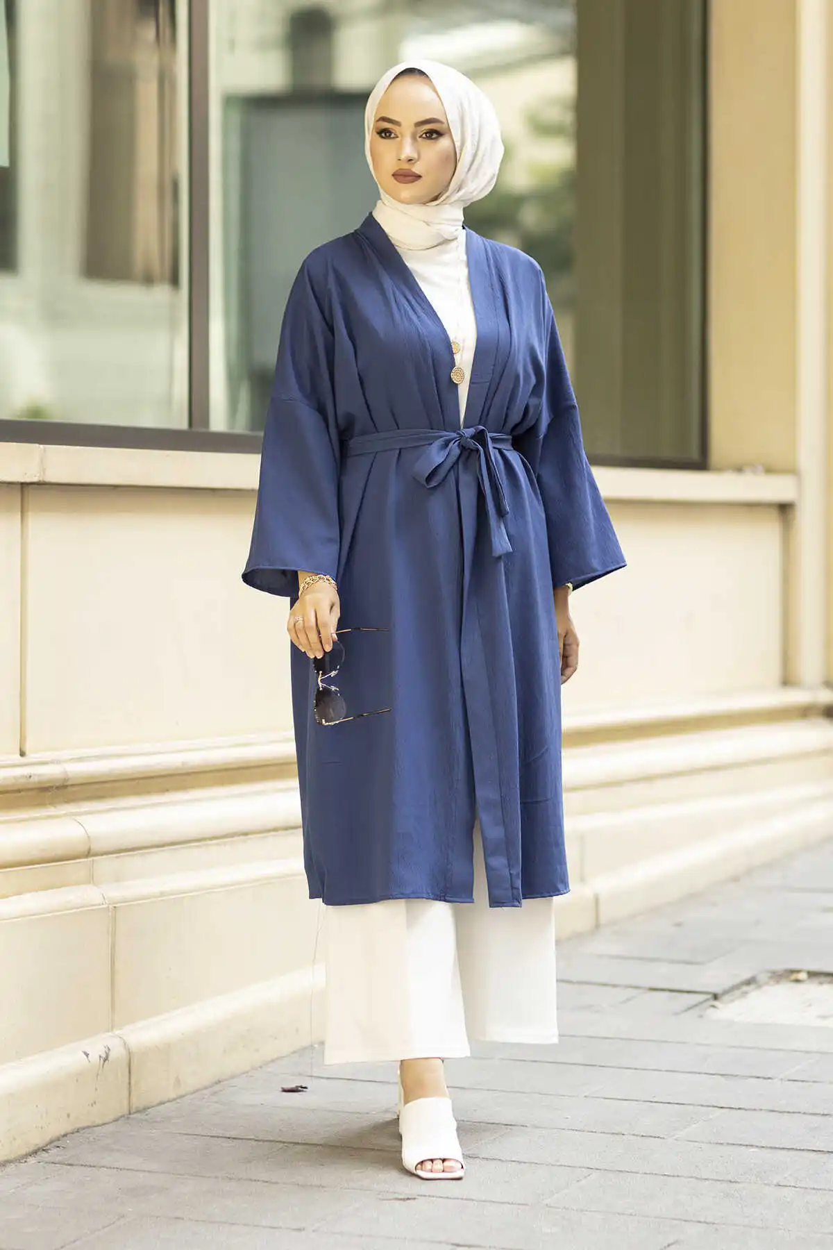 Casual Cut Waist Belted Kimono MD-Indigo Winter Autumn 2021 Muslim Women Hijab headscarf Islamic Turkey