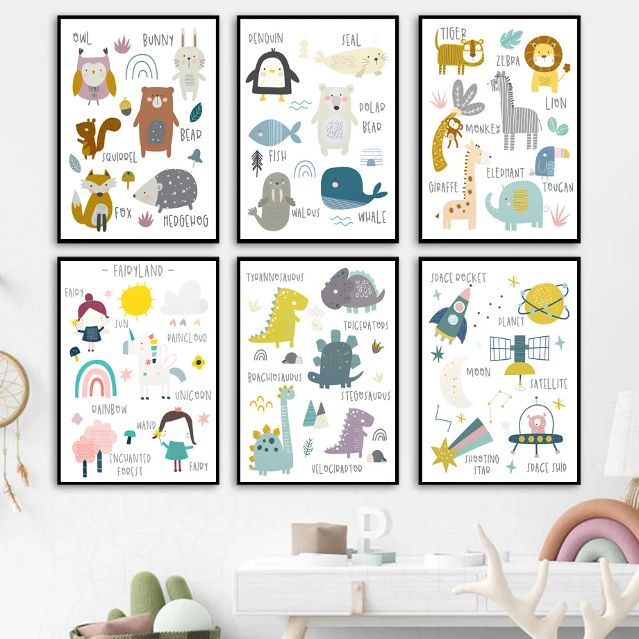 

Cartoon Alphabet Numbers Animal World Whale Unicorn Wall Art Canvas Painting Nordic Posters And Prints Wall Pictures Kids Room