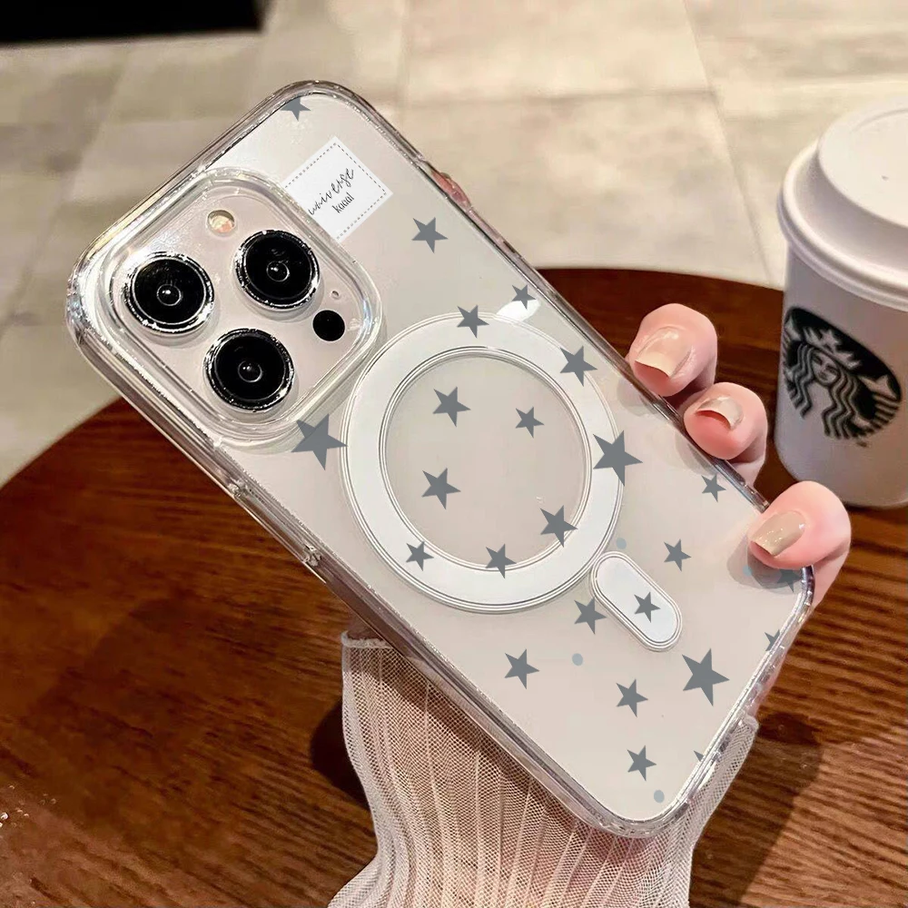 Фото Прозрачный магнитный чехол с серым звездным принтом для iPhone 17, 14, 15, 16, 11, 12, 13 Pro Max, Air 17, 16 E, 14, 15, 16 Plus, 15 Pro, акриловая накладка №2
