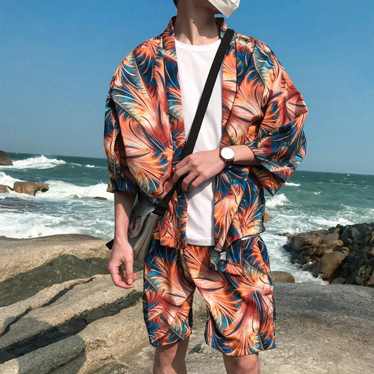 Teenager Spring Summer Print Leaves Men 2PCS Kimono Sets 3/4 Sleeve Cardigan Rayon Robe Pajamas Suit Casual Bathrobe Home Wear