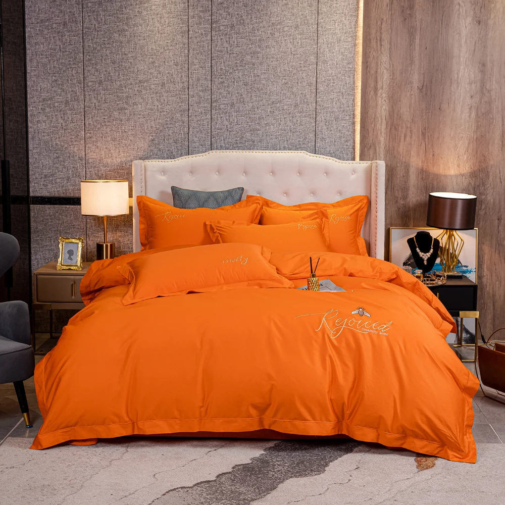 2022 New Long-staple Cotton Four-piece Bed Linen New Stitching Embroidery Plain Cotton Bedding Light Luxury Style Orange Color