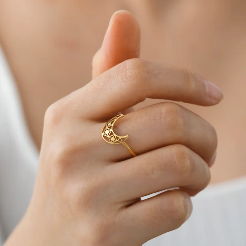 Crescent Moon Lotus Ring Stainless Steel Women's Finger Rings  New In Fashion Wedding Jewelry Gift