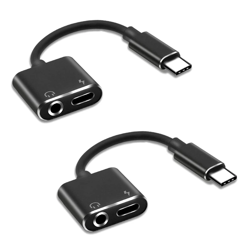 

2X 2 In1 Type-C To 3.5Mm Headphone Jack Adaptor/Connector Charger, Earphone Aux Audio & Charge Adaptor Black