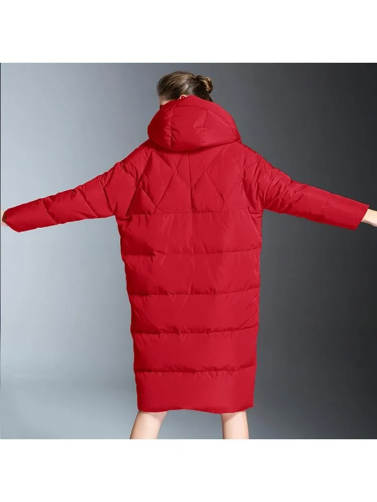 European Station High-Grade Long 90 White Duck Down Coats Women's 2022 Winter Hooded Loose Padded Warmer Bread Cloth Jackets