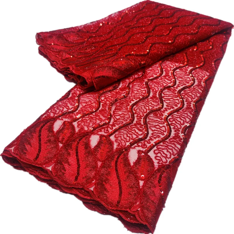Luxury Red African Sequence Net Lace Fabric 2022 Elegant Embroidery Crafts Sequins Trim 5 Yards For Wedding Dress Sewing Clothes