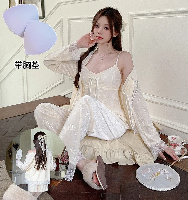 3PC Velour Pajamas Set Women Lace Sleepwear Suit Spring Autumn Velvet Nightwear Lounge Wear Pyjamas Nighties Home Clothes