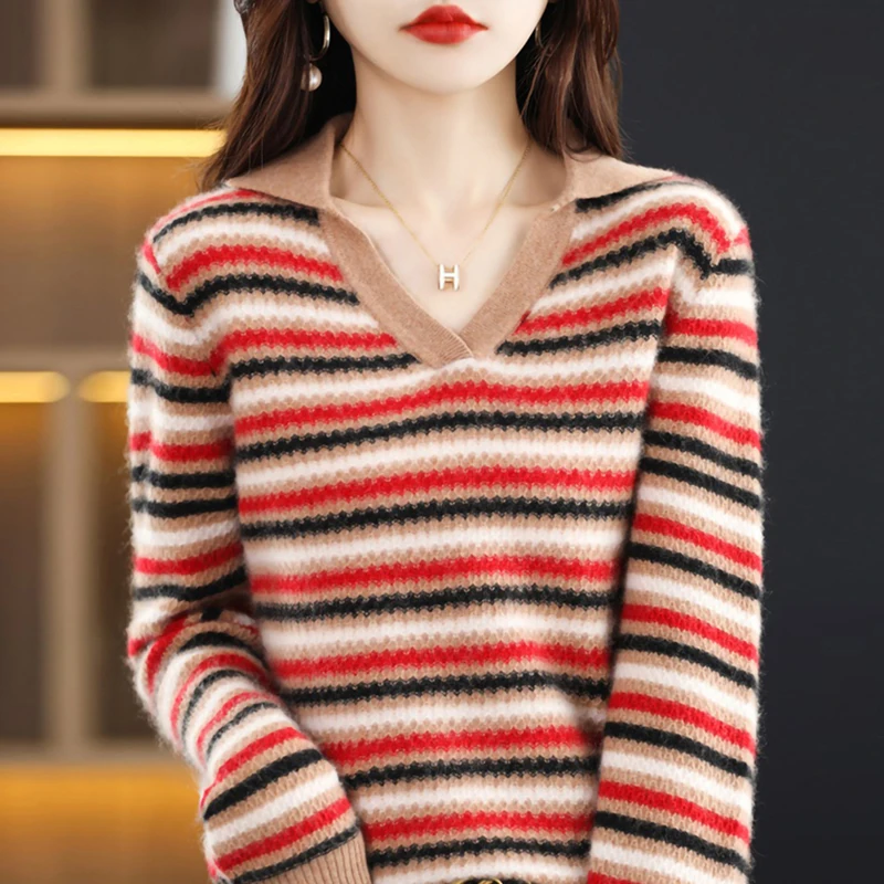 

LONGMING Women Sweater Cashmere Striped Knitwears Pullovers Merino Wool Knit V-neck Sweaters Tops 2023Jumper Korean Fashion Traf