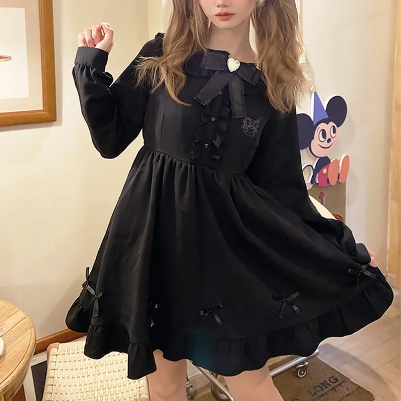 

Платье в стиле Каваий САО с бантом, Милая юбка с длинным рукавом в стиле аниме Kuromi Melody, черная розовая осенне-зимняя юбка, подарки для девочек